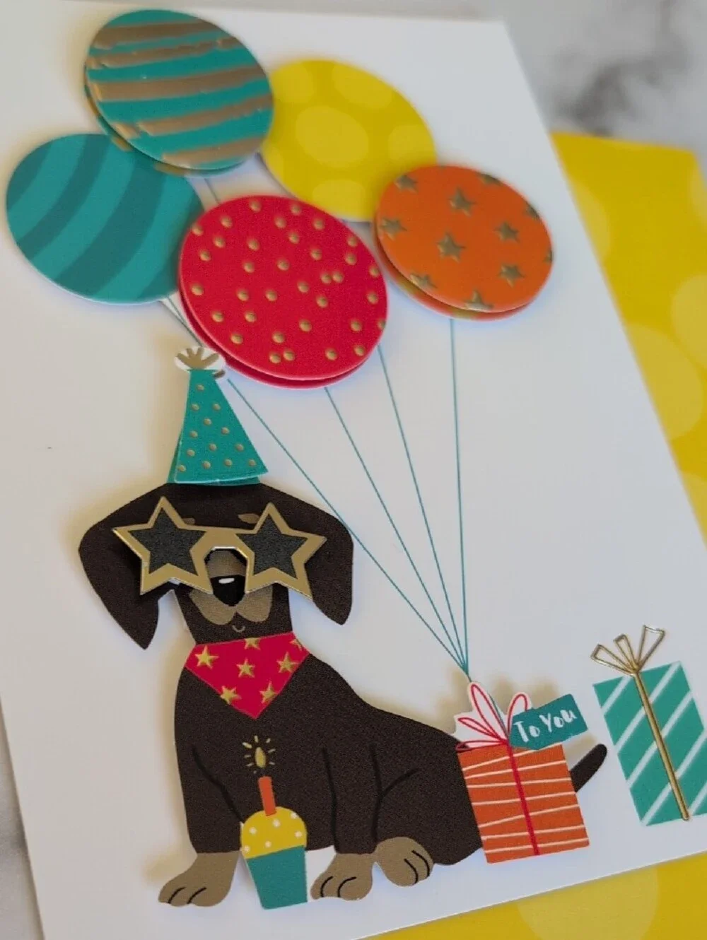 Birthday Party Dog Greeting Card - Yellow Balloon Design